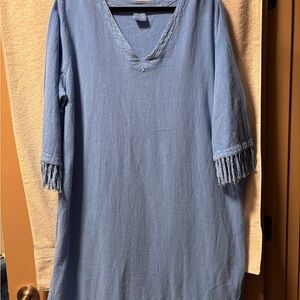 Blue V-Neck Plus Size Tunic with Fringe Sleeves
